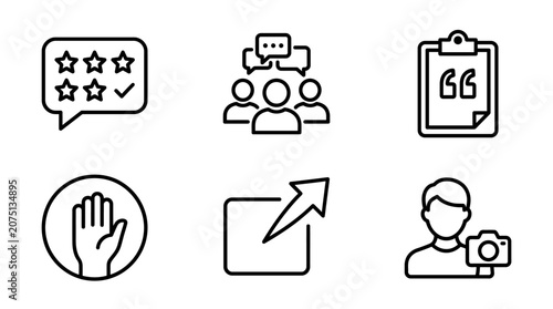 Minimalist line icon set featuring customer feedback, team communication, documentation, security, sharing, and photography elements for UI design