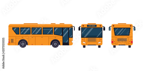 vector illustration of Orange City Bus Vector Illustration Showing Side, Front and Rear Views for Urban Transportation.