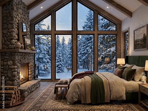 Cozy Cabin Bedroom with Snowy Forest View.