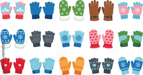 Bild auf Leinwand Collection of winter gloves and mittens vector illustration isolated on white background featuring various styles like fingerless gloves mittens with snowflakes and hearts patterns