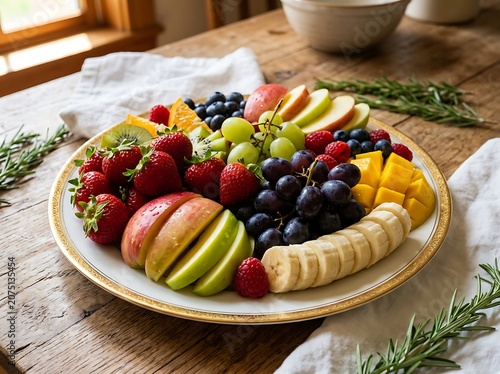 Colorful fresh fruit platter on wooden table.