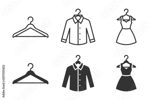 Different clothing hanger icon set with shirts and dresses.