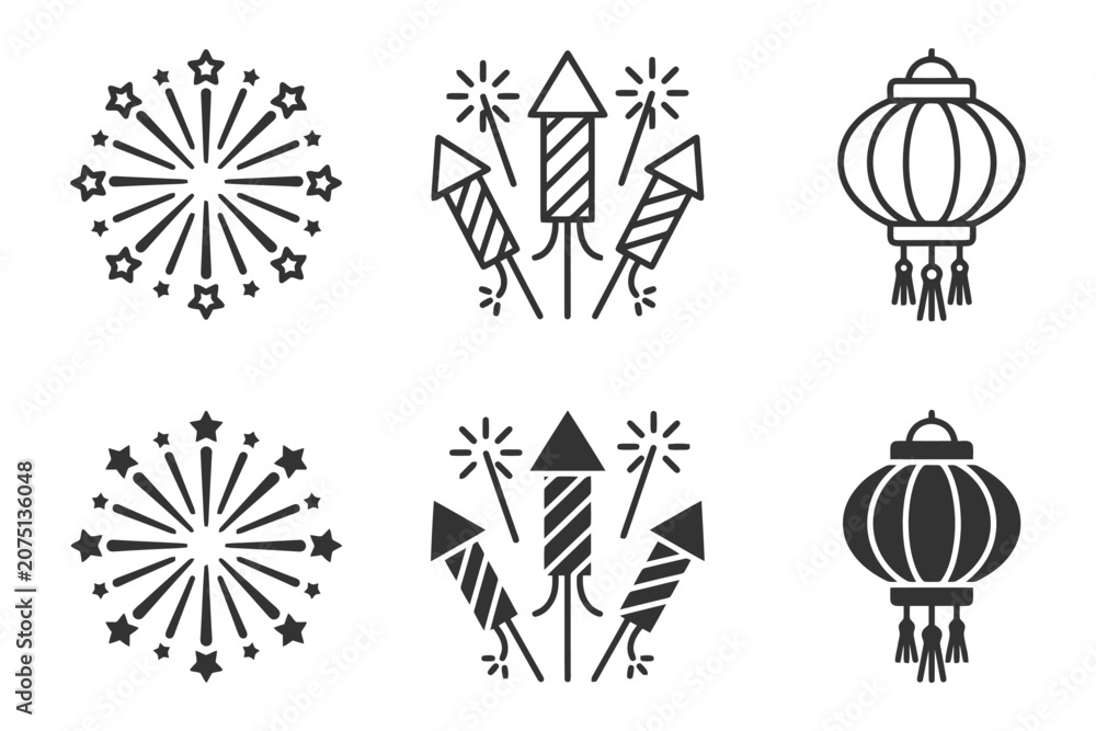 Fototapeta premium Black and white fireworks and lanterns icons for festive celebrations.