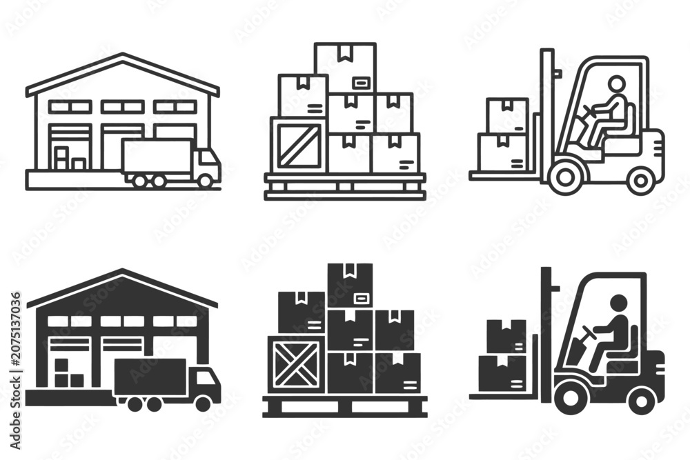 Obraz premium Warehouse icon set with storage, pallet, and forklift illustrations.