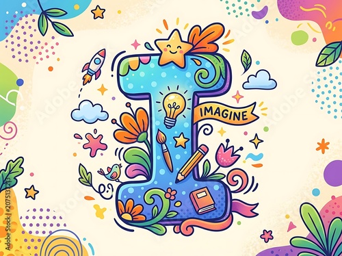 Colorful Imagination Letter T with Creative Elements.