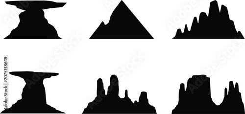 Photos Desert canyon mountain silhouette icons set with rock formations, mesa and butte