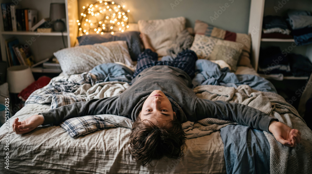 Fototapeta premium Exhausted teenager lying upside down on a messy unmade bed