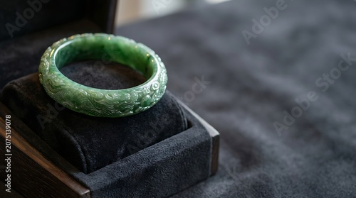 Ornate green jade bangle with dragon carvings in luxury box