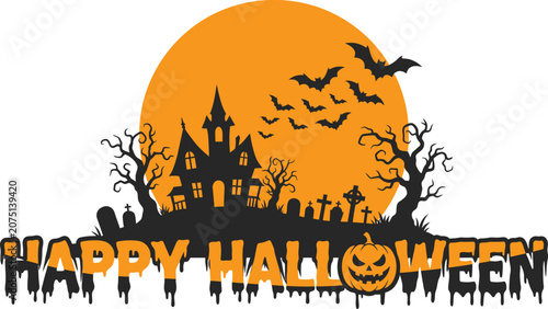 Fotografi Halloween themed graphic with haunted house and jack o lantern on white backgrou