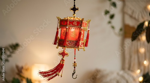 Traditional chinese lantern hanging in a cozy warm interior