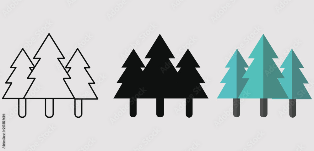 Obraz premium Pine tree forest icon set with outline solid and color styles