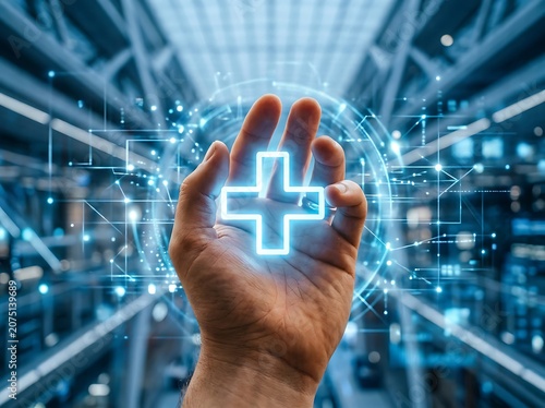 Human hand interacting with digital holographic interface.