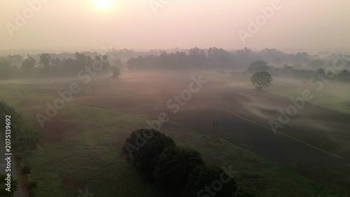A morning drone flight over foggy fields in Mayapur