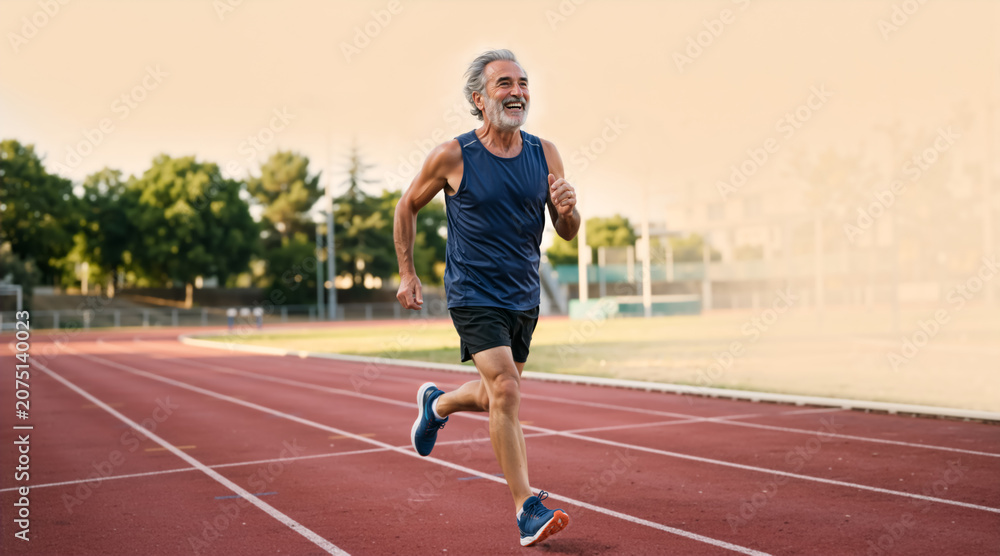 Obraz premium Happy senior man running on an outdoor athletic track. Cheerful mature male jogger exercising on a sunny day. Active aging and healthy lifestyle concept with copy space