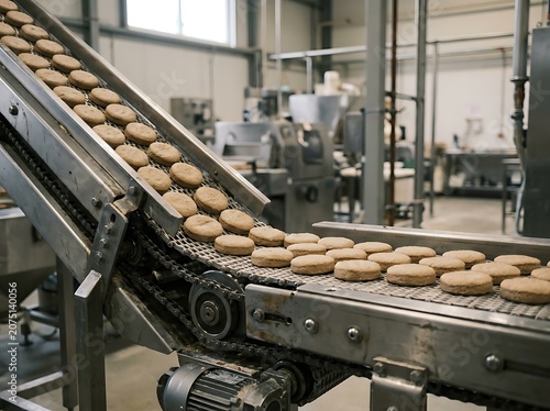 Industrial bakery conveyor belt with bread loaves.