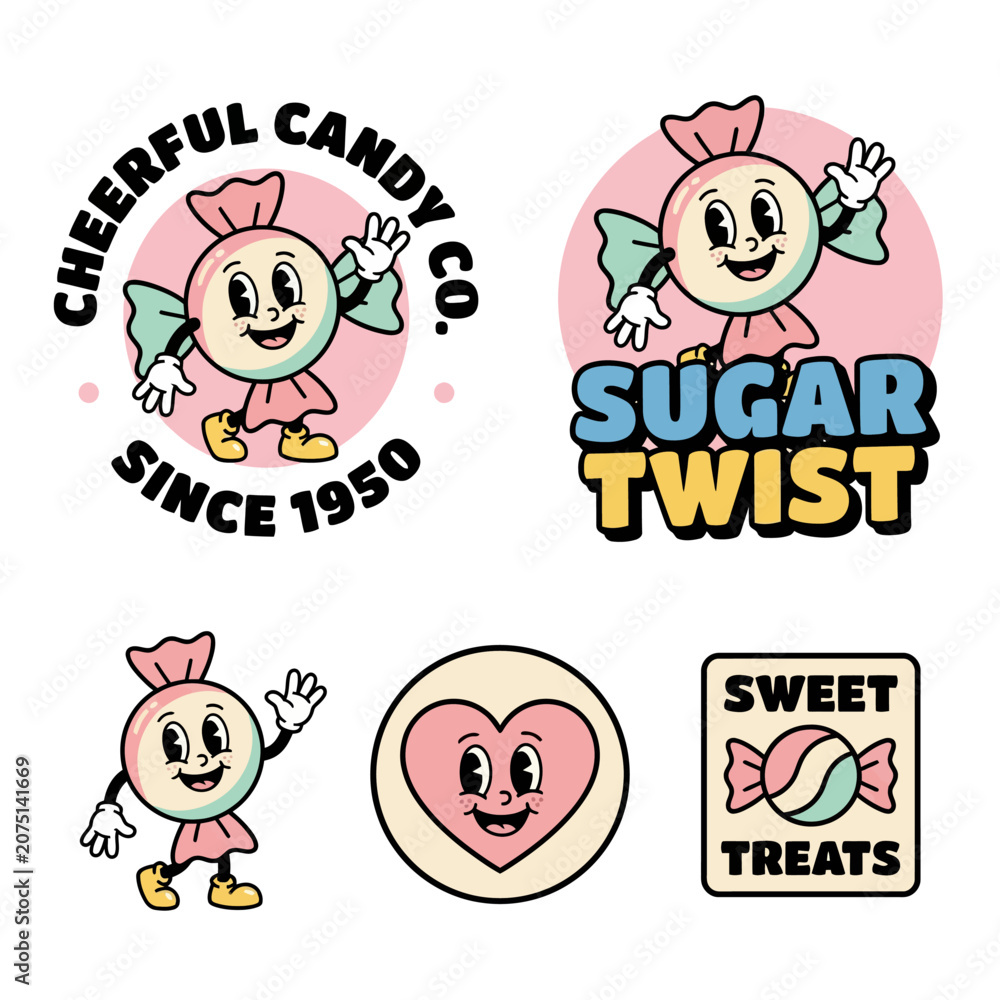 Fototapeta premium Vintage Retro Candy Character Logo and Sticker Set in Rubber Hose Cartoon Style