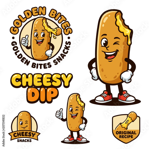 Golden Bites Cheesy Snack Mascot Logo Collection Featuring Fried Cheese Stick Cartoon Character and Branding Elements