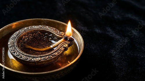 Lit metal diya lamp with a glowing flame on black velvet