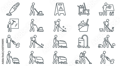 Canvastavla Professional cleaning services and floor maintenance outline icon set featuring
