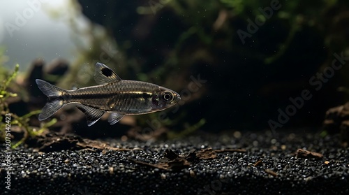 Tropical tetra fish swimming in a planted aquarium with dark substrate