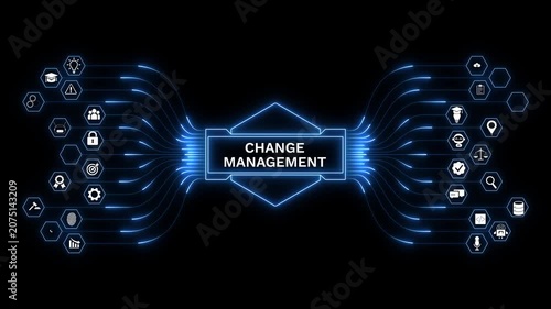 Change management network with connected technology, digital transformation workflow, organizational innovation, business process automation, and AI integration.v