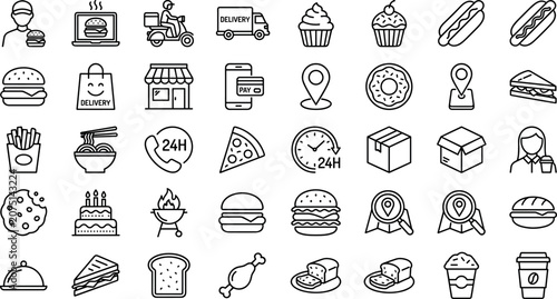 Canvastavla Fast food delivery and online restaurant ordering icon set with line art vectors