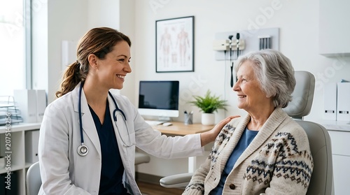 Female doctor consulting with smiling senior patient in clinic