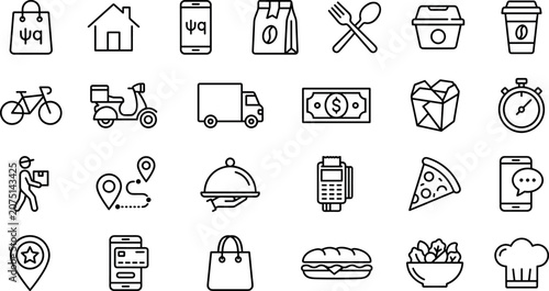 Fotografía Food delivery and online restaurant ordering icon set with line art vectors for