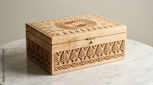 Hand carved wooden jewelry box on a marble surface