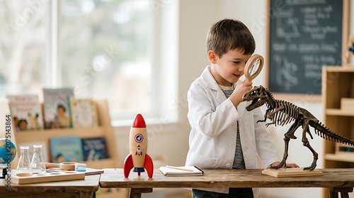 Young boy in white coat examining dinosaur skeleton with magnifier
