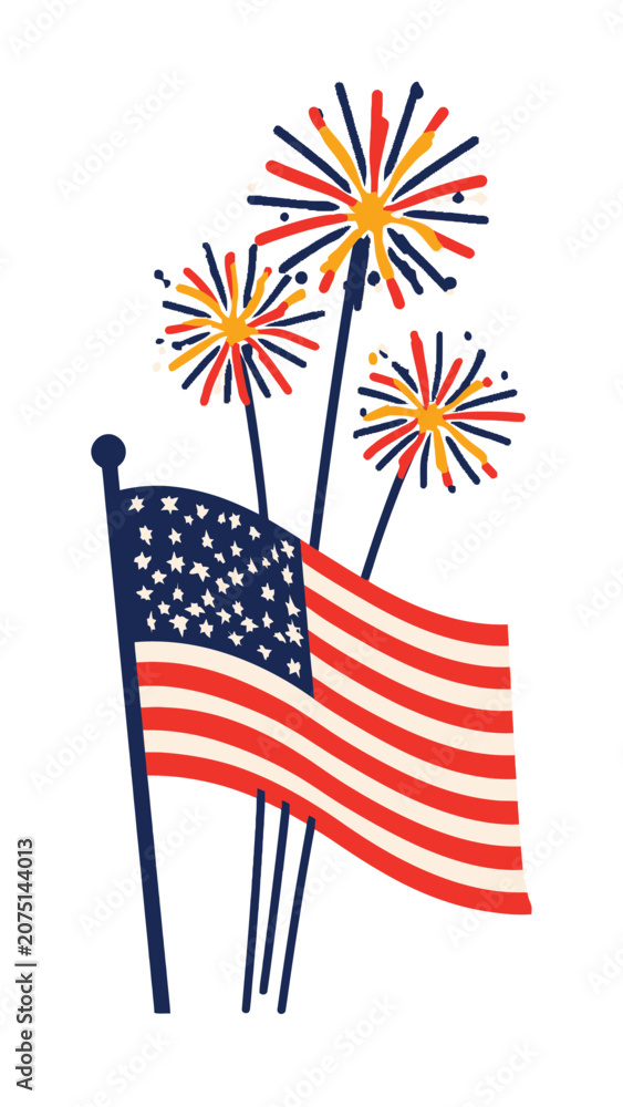 Fototapeta premium American Flag and Fireworks Display Celebrating Independence Day.