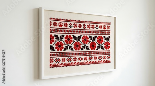 Traditional folk embroidery with floral patterns in white frame