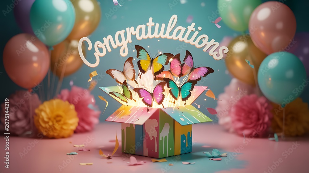 Fototapeta premium Congratulations celebration with colorful butterflies gift box balloons and festive party background