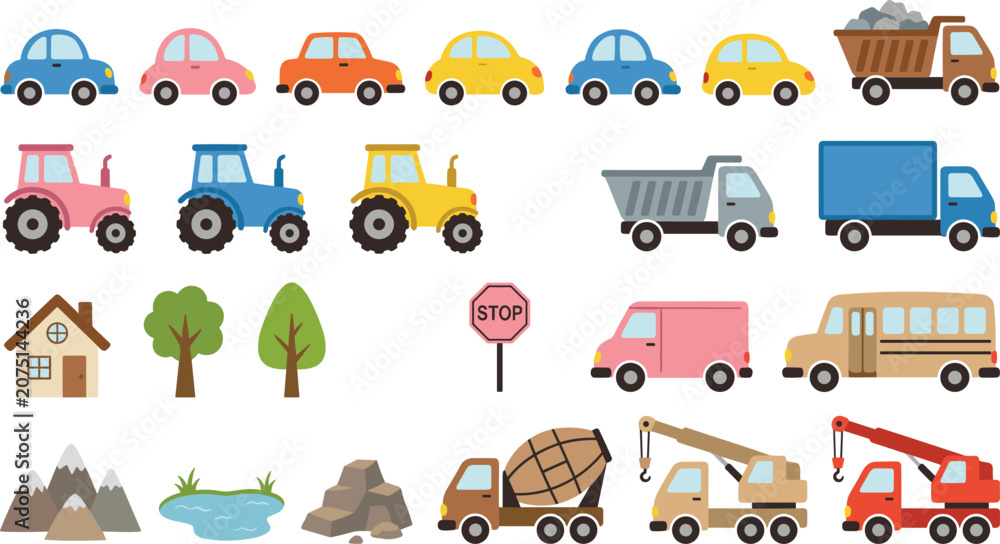 Fototapeta premium Cute cartoon vehicles and heavy machinery vector collection featuring colorful cars, trucks, tractors, school bus, construction equipment, and nature elements isolated on white.