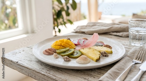 Fresh tropical fruit platter with seashells on a rustic table