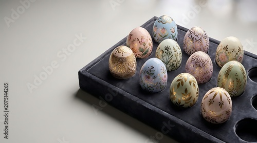 Ornate decorative easter eggs with gold floral patterns in a tray