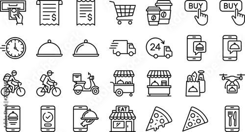Tableau sur toile Online food ordering and grocery delivery line icon set with thin vector strokes