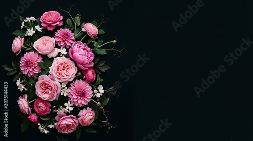 Pink roses and dahlias bouquet on black background with copy space