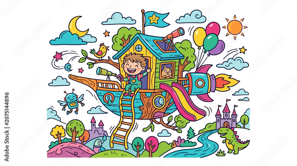 Obraz premium Childhood Dream Treehouse Rocket Adventure