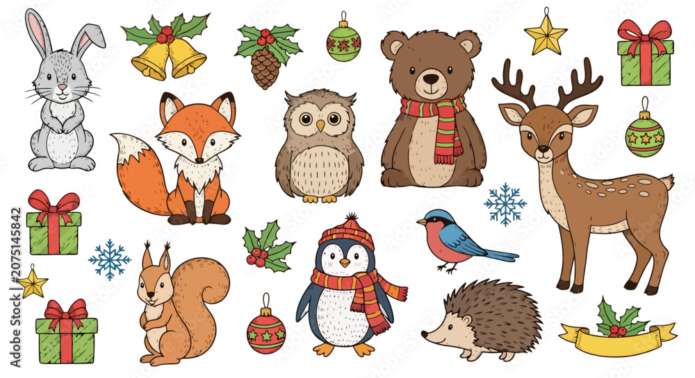 Fototapeta premium Cute Cartoon Forest Animals and Christmas Decorations.