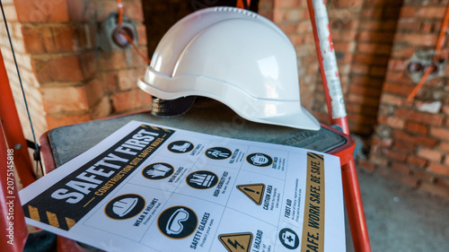 Obraz na plátně Construction site safety rules poster and white hard hat on a ladder