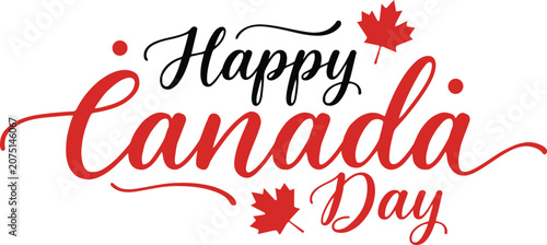 Happy Canada Day Lettering with Elegant Maple Leaf, Modern Red Accents, Minimal White Background, Patriotic Typography Design for Canadian National Celebration, Holiday Greeting, Banner, Poster 