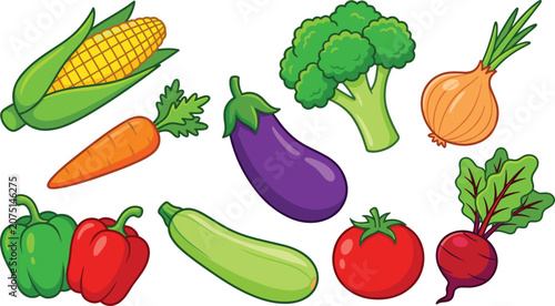 Foto Cute cartoon fresh vegetables vector collection featuring sweet corn, broccoli, carrot, eggplant, bell peppers, tomato, onion, zucchini, and beetroot isolated on white background