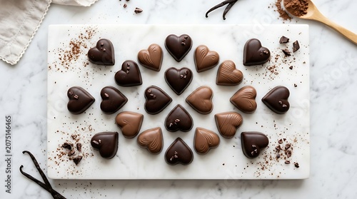 Gourmet heart shaped chocolate pralines on a white marble board