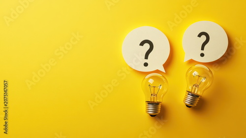 Creative ideas for problem solving using light bulbs and question marks on a bright yellow background Generative AI