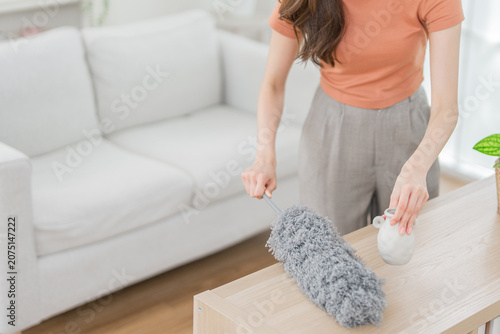 Cleaning woman duster table living room dust spray bottle sofa home housework, woman cleaning wooden table with gray duster and spray bottle bright living room, tidy home interior with sofa