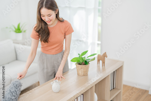 Young woman cleaning home duster living room table smile indoor tidy, bright interior with plant, storage shelf, sofa, and soft natural light during household chore