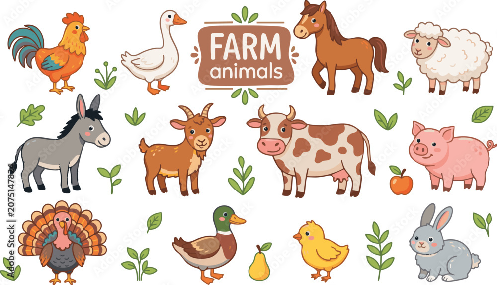 Fototapeta premium Farm animals gathered around a sign in a green landscape
