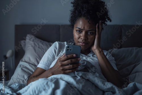 Portrait of black woman with a worried expression uses her mobile phone at night in bed, reading a text message with bad news, experiencing stress and sadness at home