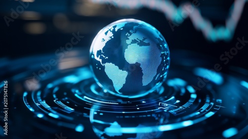 Content An egg-shaped translucent blue globe showing a world map, sitting on a glowing, high-tech circular platforminterface. The background is dark with blue bokeh and some abstract